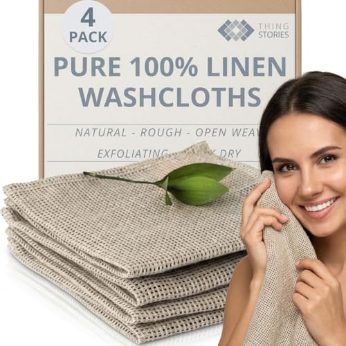 Thing Stories Linen Exfoliating Washcloth for Face - 4-Pack - 100% Flax Linen Washcloths - 12x12-inch Small Exfoliating Towel - Natural Face Towel Wash Cloth