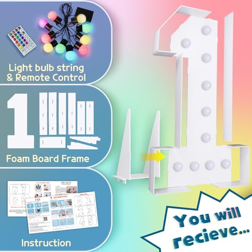 Image of Imprsv Colorful 4FT Marquee Numbers 1, 18 Colors Large Light up Numbers | RGB with Remote, Birthday Party Decorations Anniversary Wedding Decorations Assembly Required 21 Pcs Accessory Set