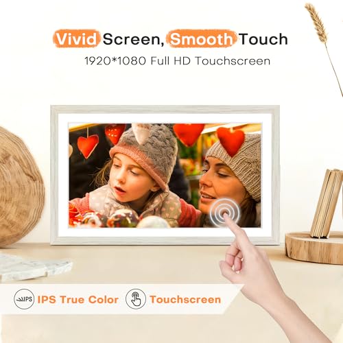 Image of Digital Picture Frame, 15.6 Inch Frameo Digital Frame WiFi Large Display | 1920*1080 IPS FHD Touchscreen, 32GB, Wall-Mountable, Share Picture Video, Electronic Photo Frame, Mom Gifts, White Woodgrain