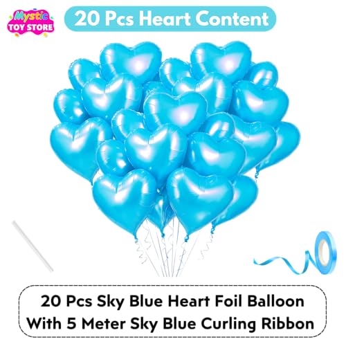 Image of Pack of 20 Heart Balloons for Happy Birthday Decoration Sky Blue Kit Baby Boys Girls Kids Men Women Car Boot Living Room Heart Shaped Foil Balloon Set Items