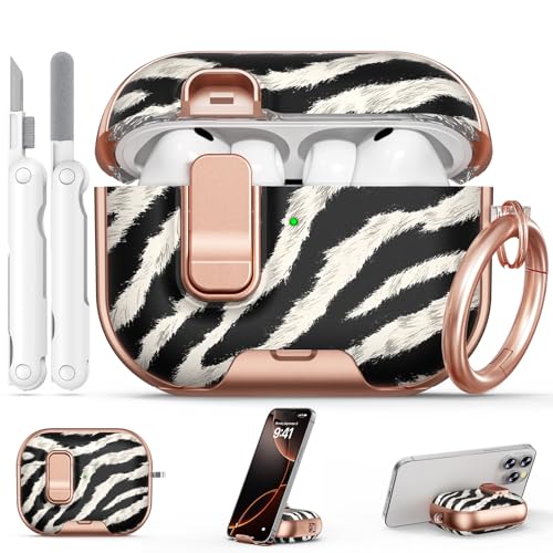 Image of for AirPod Pro 3 Case 2025, with Safty Lock & Phone Stand for Floral AirPod Pro 3 Generation Case Cover for Women Girly, iPod Pro 3 Cases with Keychain & Cleaner Kit -Black+ White Zebra