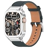 Picture of SUPLINK Leather Band with Stainless Steel Case Compatible with Apple Watch Ultra 3/2/1 Bands Men, Metal Rugged Protective Bumper for iWatch Ultra Bands for Men 49mm, Blue/Silver