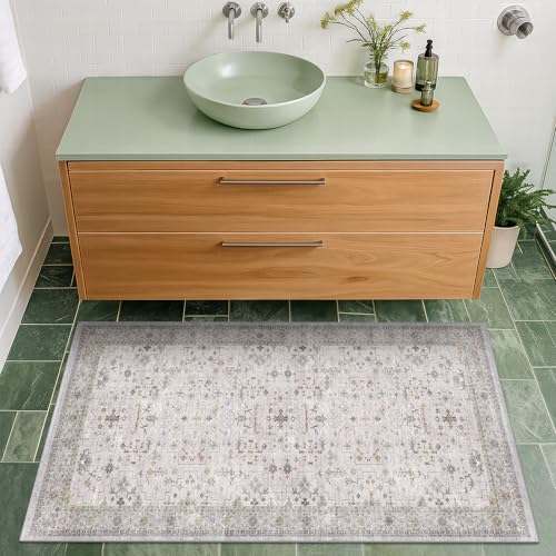Image of Washable 2x3 Throw Rugs for Entryway, Front Door Mat, Low Pile Non-Slip Small Area Rugs for Kitchen, Bathroom, Powder Room, Mudroom, Neutral Light Gray & Sage with Floral Accent