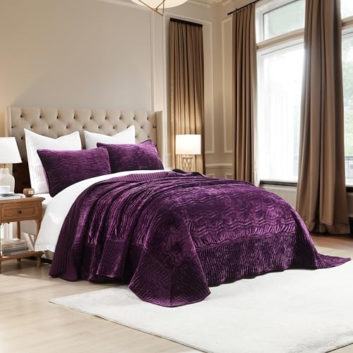 Image of Velvet Oversized King Quilt Set,Purple Bedding Set California King Comforter Set (118 inch*118 inch) with 2 Pillow Shams, Luxurious Quilt Set,All-Season 3 Pieces