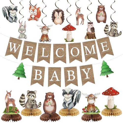 Image of Woodland Animals Baby Shower Decorations Welcome Baby Banners Woodland Hanging Swirls Honeycomb Centerpieces Forest Animals Party Decorations for Birthday Gender Reveal Party Decor