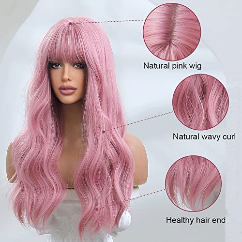 OUFEI 24 Inches Long Wavy Pink Wig for Women Natural Synthetic Hair Heat Resistant Wigs for Daily Party Cosplay Wear - Image 3