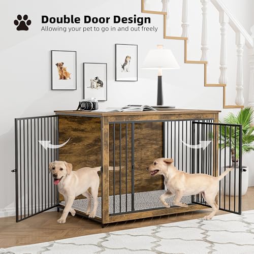 BREEZEHEAT-Dog-Crate-Furniture-with-Cushion-44-Wooden-Dog-Crate-Kennel-with-Double-Doors-Heavy-Duty-Dog-Cage-End-Table-for-SmallMediumLarge-Dog-Indoor-Dog-House-Rustic-Brown BREEZEHEAT Dog Crate Furniture with Cushion 44 Wooden Dog Crate Kennel with Double Doors Heavy Duty Dog Cage End Table for SmallMediumLarge Dog Indoor Dog House Rustic Brown