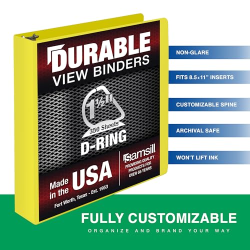 Image of Samsill Durable 1.5 Inch Binder, D Ring Binder, Customizable Clear View Cover, Lemon Yellow, Holds 350 Pages