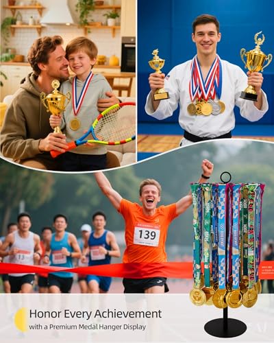 Image of Rotatable Medal Hanger Display - Adjustable Medal Honor Display - Desktop Metal Medal Holder for Running, Sports, Taekwondo, Awards - Ribbon-Safe Hook, 40+ Medals