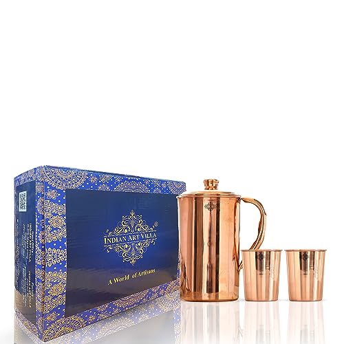 Indian Art Villa Pure Copper Jug Pitcher with 2 Tumbler with Plain Design, Drinkware & Serveware, Best Gift Set for Diwali, New Year, Anniversary, Party & Christmas, 3 Pieces