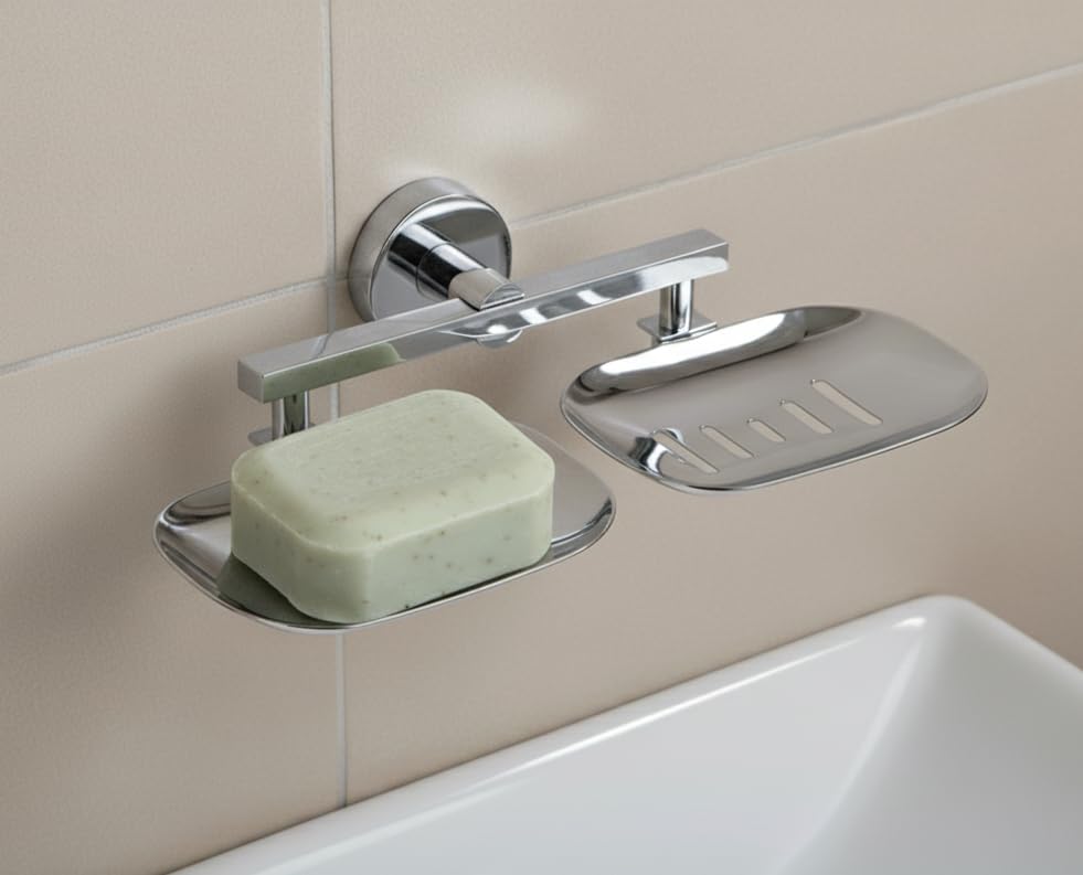 Image of EASYHOME FURNISH Premium Stainless Steel Double Soap Dish for Bathroom & Kitchen | Wall-Mounted Dual Soap Holder with Drainage Slots | Rust-Proof Chrome Finish Soap Stand (Round-37 08)