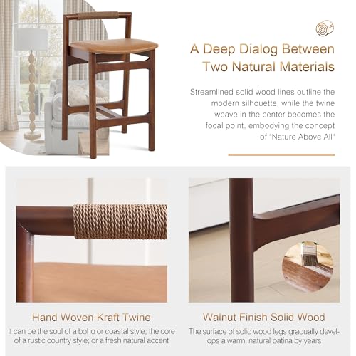 Image of Zesthouse Wood Bar Stools Counter Height Set of 2, 26 inch Mid Century Modern Kitchen Island Chairs with Woven Paper Cord Accent Backs & Solid Wooden Legs, Boho Counter Stools, Brown Leather+Walnut Finish