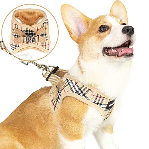 CHERPET Puppy Harness and Leash Set - Plaid Cute Adjustable Small Dog Fulll