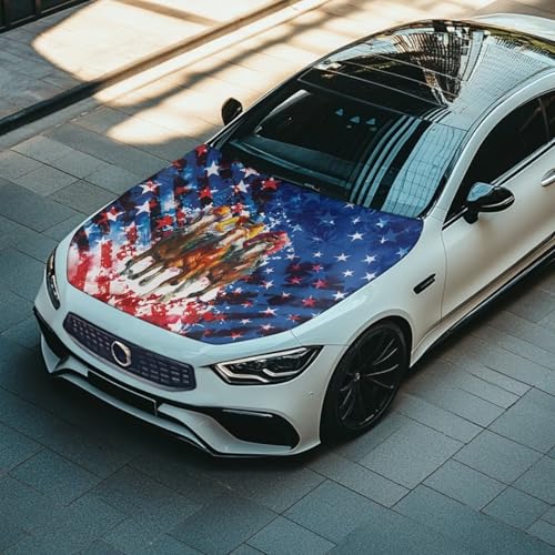 Image of Car Hood Cover, Car Hood Wrap Blankets Auto Banner Elastic Polyester Horse and American Flag Automotive Accessories for Compact Cars Sedans SUV Trucks (59x39 Inch)