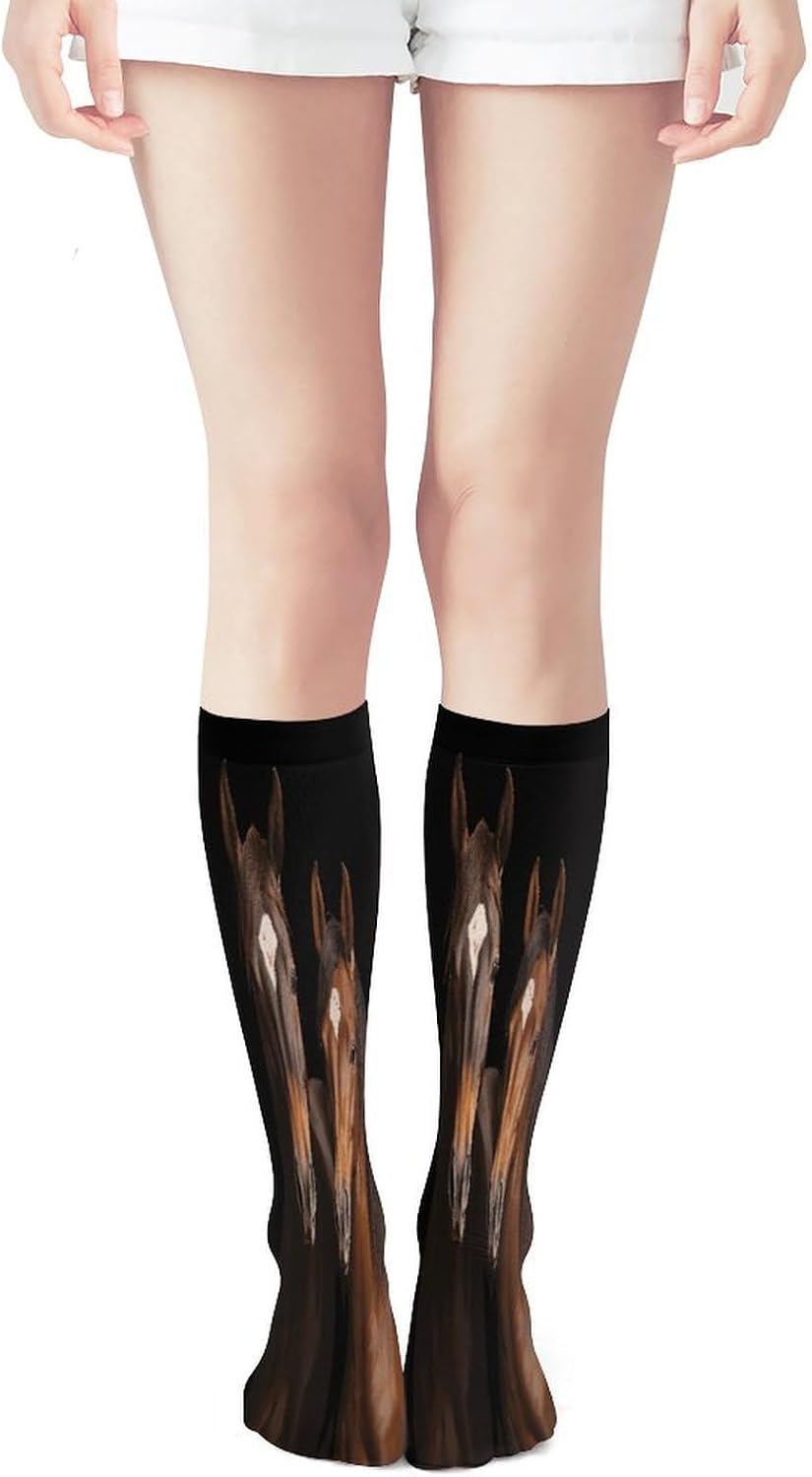 Two Horses Standing on Black Backgro Women High Waist Fishnet Stockings Stretch Mesh Pantyhose Sexy Trendy Legwear for Daily Wear