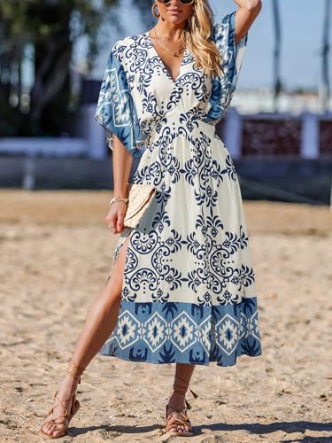 Image of CUPSHE Women's Summer Boho Maxi Dress Paisley Floral V Neck Smocked Dress Beach Vacation Slit Hem Flowy Dress with Pockets
