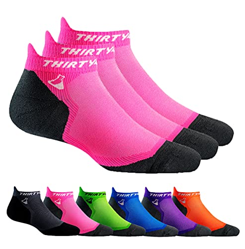 Thirty48 Ultralight Athletic Running Socks for Men and Women with Seamless Toe, Moisture Wicking, Cushion Padding (Small - Women 5-6.5 // Men 6-7.5, [3 Pairs] Pink/Gray)
