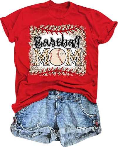 AMWIPE Baseball Shirt Women Baseball Mom Shirts Funny Mama Baseball Leopard Graphic Tshirt Team Game Day Gift Tee Tops