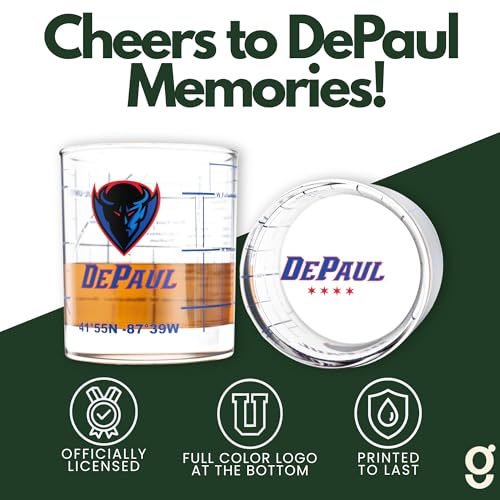 Image of Greenline Goods DePaul University Blue Demons Whiskey Glasses Set of 2, 10 oz Rocks Glasses with Full-Color Logo & Campus Map - Officially Licensed Bourbon Glass Gift for Alumni & Fans
