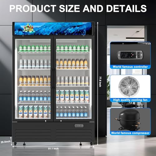 Commercial Beverage Refrigerator 2 Glass Door, 36 Cu.ft Commercial Upright Display Merchandiser Refrigerator, Beverage Cooler with LED Light, Lock Wheels, Adjustable Shelf for Bar, Shop - Image 7