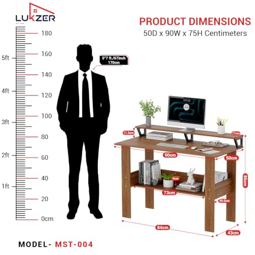 Image of Lukzer Study Table with Monitor Riser & Open Book Shelf (MST-004 /Oak Brown) Engineered Wood Computer Table for Laptop, PC & Home Office, DIY Office Desk with Storage Organizer Shelf (90 x 86 x 50cm)