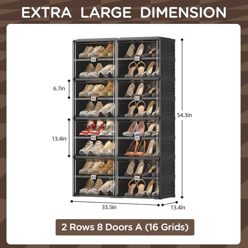 Image of Vipbox Black Shoe Rack Organizer Cabinet for Closet Entryway,Clear Shoe Storage Boxes Stackable Sneaker Storage with Door Easy Assembly Shoe Cabinet with Lids Large 8 Tiers 32 Pairs