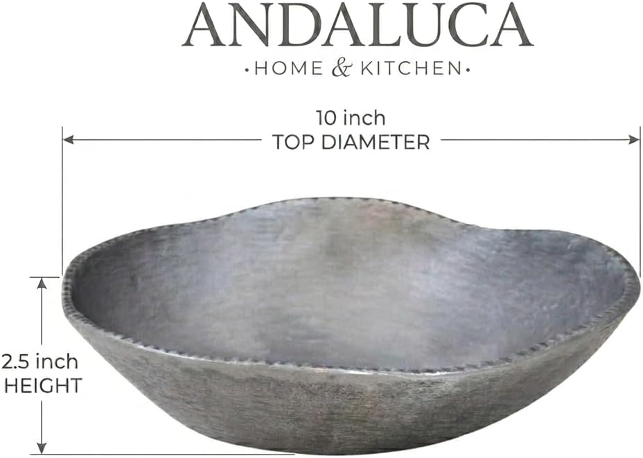 ANDALUCA Rustic Silver Decorative Cast Metal Round Bowl 10 inch (Silver)