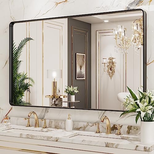 LOAAO 50X30 Inch Black Metal Framed Bathroom Mirror for Wall, Matte Black Bathroom Vanity Mirror Farmhouse, Large Rounded Rectangle Mirror, Anti-Rust, Tempered Glass, Hangs Horizontally or Vertically