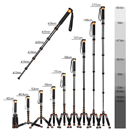 Koolehaoda Camera Aluminum Monopod With Metal Tripod Base.6 Sections 46-177Cm/18-69Inch Adjustable, Leg Diameter Φ28Mm,Up To 6Kg /13Lbs #TOP4
