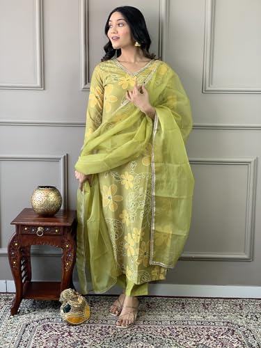 Image of Naixa Women's Lemon Rayon Blend Embroidered and Printed Straight Kurta with Rayon Blend Pant and Organza Dyed Dupatta Sets (NX-510)