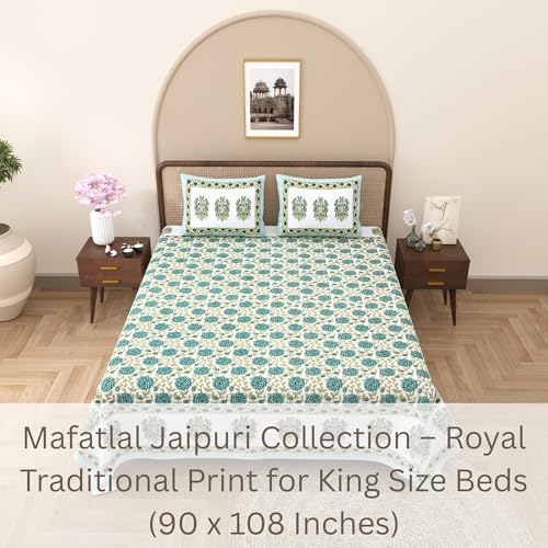Image of Mafatlal 144 TC Jaipuri Cotton King Bedsheet | 90 x 108 Inches | Soft & Skin-Friendly | Handcrafted Jaipuri Print | 2 Pillow Covers | White Down