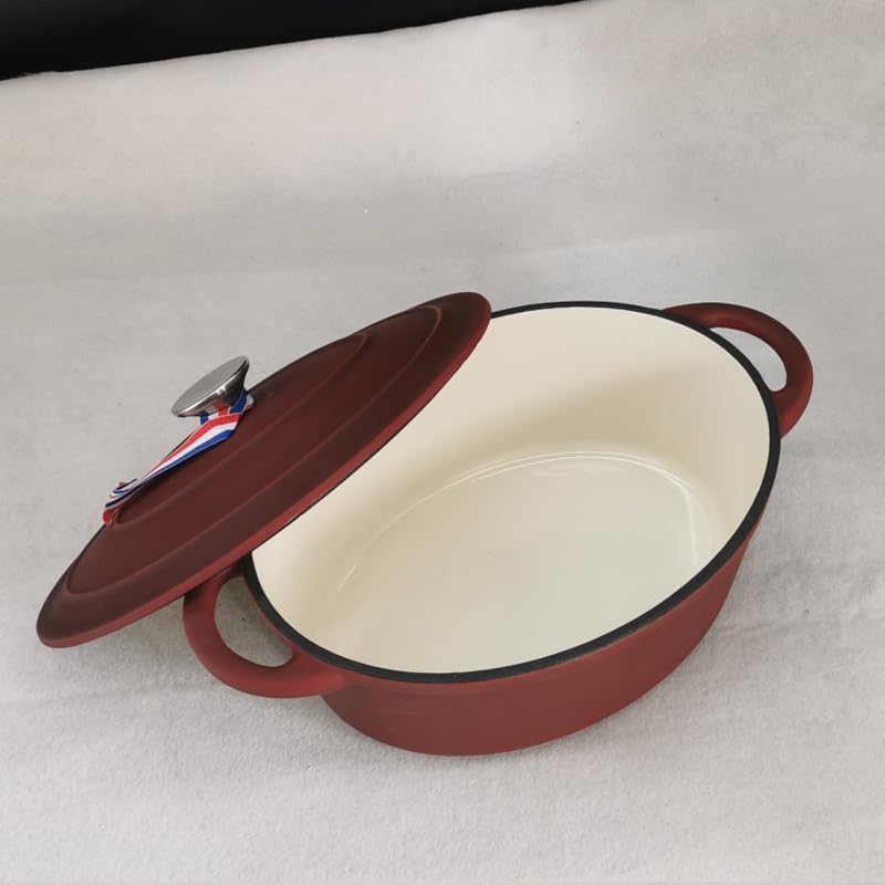 Tegame Terracotta Pentola ovale for stufato di pesce in ghisa rossa glassata, casseruola for zuppa, da 5 a 6 persone, 4,1 l, 27x21, cm