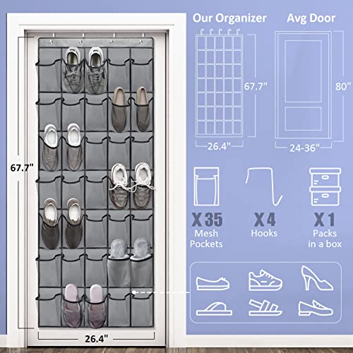 Over The Door Shoe Organizers 35 Mesh Pockets Hanging Shoe Organizer Shoe Rack For Closet Entryway Bedroom Bathroom Pantry Shoe Holder For Men Sneakers, Women High Heeled Shoes, Flip Flops Gray #TOP3