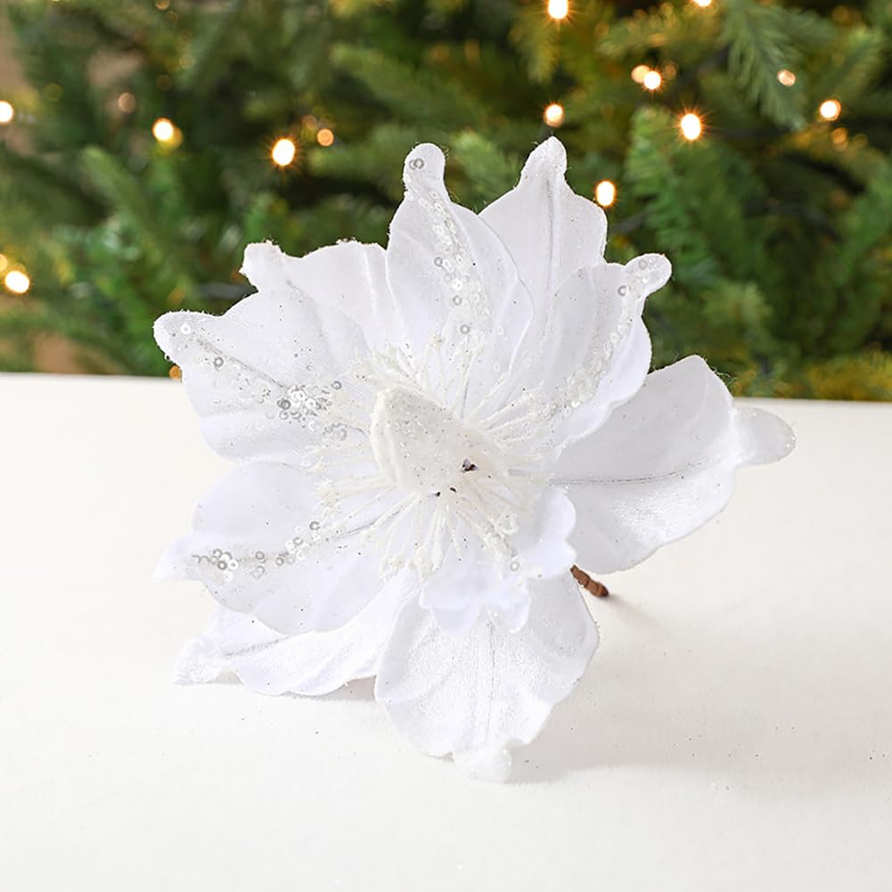 vctops Lot de 6 fleurs de poinsettia artificielles en velours pailleté pour Noël, Nouvel An, mariage, vacances, loisirs créatifs, blanc