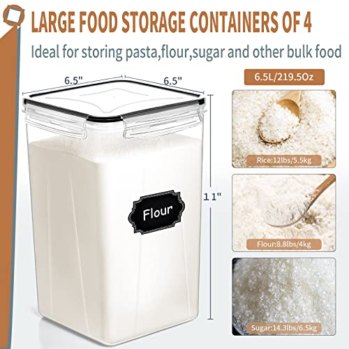 Praki Extra Large Tall Airtight Food Storage Containers 6.5L / 220Oz, Bpa Free, 4Pcs Pantry Kitchen Organization Set For Flour, Sugar, Plastic Flour Container With 20 Labels & Maker #TOP1