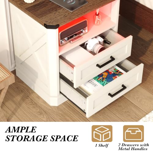 Image of Yusong 23.62 inch Tall Night Stand, LED Nightstand with Charging Station, Modern Night Stand, Wood Sofa Couch End Side Table with 2 Pull-Out Shelf, White