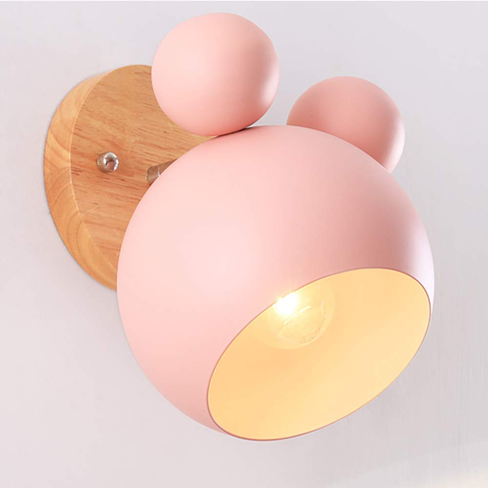 Mengjay Creativo cartone animato in legno Topolino applique da parete Nordic Macaron Lampada da parete a LED per bambini che leggono camera da letto comodino illuminazione E27 Luce da Muro (Rosa)