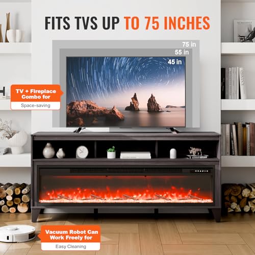 Image of VEVOR 80 inch Fireplace TV Stand, Media Storage Corner with 60 inch Fireplace, Storage Drawers & Cabinets, Industrial Style TV Console Table with 20 Flames, Remote Control & Timer for Living Room, Black