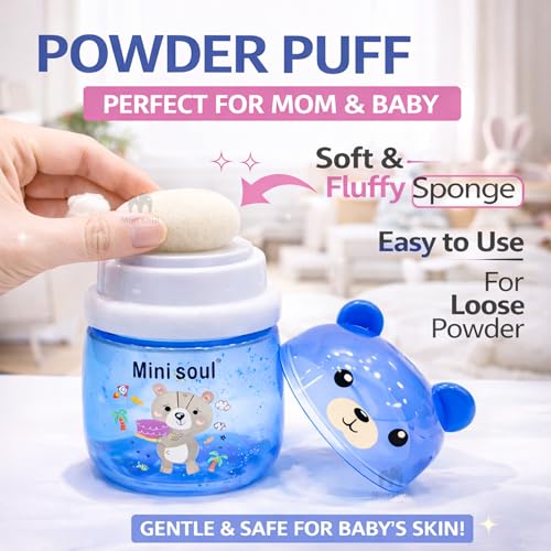 Image of Baby Powder Puff with Container Soft Feather Sponge Powder Applicator for Newborn & Infant Transparent Refillable Case Mess-Free, Leak-Proof, Baby-Safe Powder Puff for Kids Blue