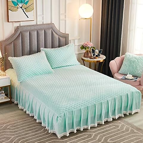 JAUXIO Diamond Quilted Velvet Bedspread Three Sides 18 Inches Deep Ruffles Drop Fitted Sheet Bed Skirt with Tassels Decorative Fringe (Aqua, Twin) Cover