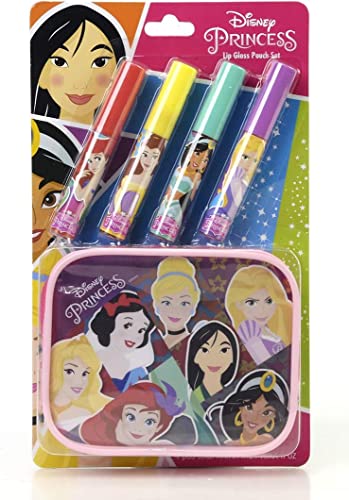 Kit Brillant à Lèvres et Pochette Princesse Disney - Kit de Maquillage Pour Fille Princesse Disney avec 4 Brillants à Lèvres et une Pochette Assortie Aux Princesses - Jouets et Cadeau Pour Les Filles