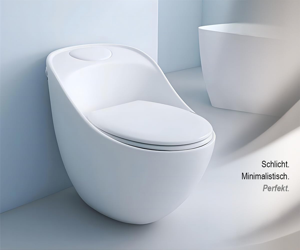 EGO INTERIORS Royalty Line | Einteilige Stand-WC mit eingebautem Spülkasten | Komplett-Set | kompakt und randlos | Sitz mit Soft Close Absenkautomatik | Quick Release Scharnieren | weiße Keramik