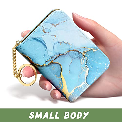Image of Aiawoxc Credit Card Holder for Women, Small RFID Wallet Slim Leather Card Organizer Case with Zipper Keychain, Light Blue Marble