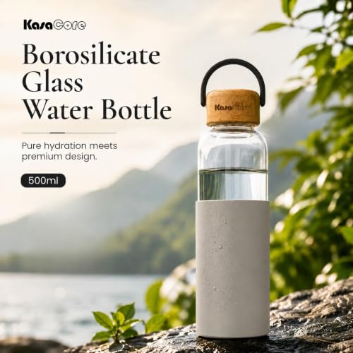 Image of Borosilicate Glass Water Bottle 500 ml | Leakproof Bamboo Lid & Silicone Sleeve | BPA Free Reusable Drinking Bottle for Office, Gym, Travel & Daily Use (Grey)