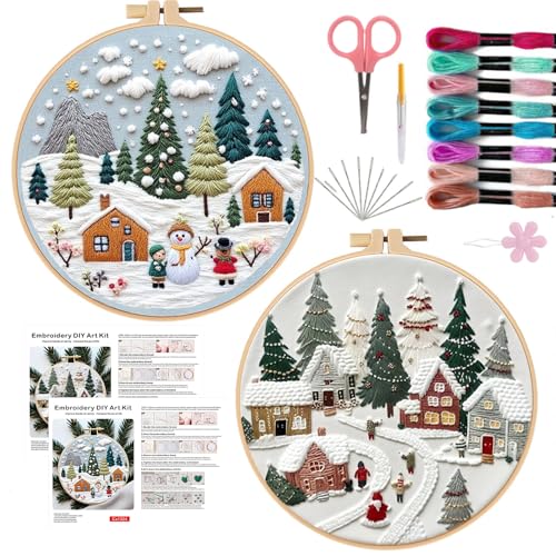Image of Offizon Christmas Embroidery Kit for Beginners, 2 PCS Starter Cross Stitches, Winter Night Santa Handicrafts, Merry Chistmas