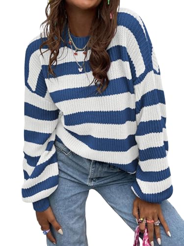 Image of SOLY HUX Women's Color Block Striped Knit Tops Casual Long Sleeve Drop Shoulder Sweater Pullovers