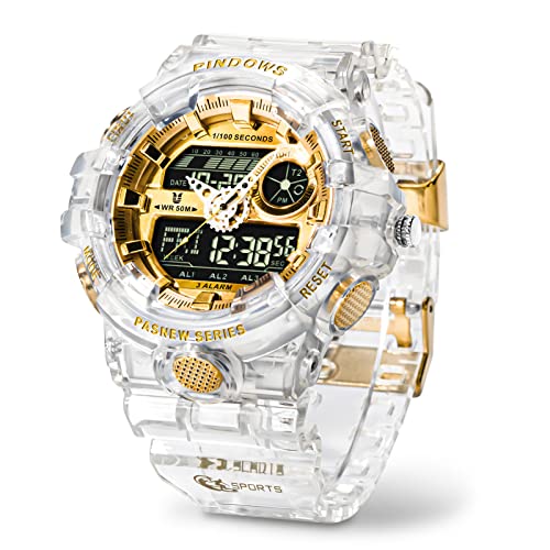 Men Digital Sports Watch, Outdoor Waterproof Military Digital Watch LED Screen Large Face Dual Dial Time and Stopwatch Alarm Wristwatch (White Gold)