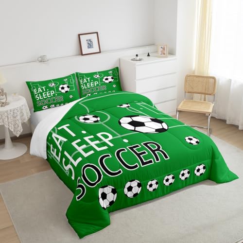 Image of Feelyou Soccer Bedding Set Toddle Size Kids Green Comforter for Boys Teens Ball Games Comforter Set Breathable Football Field Quilt Set Room Decor Soccer Quilt Set