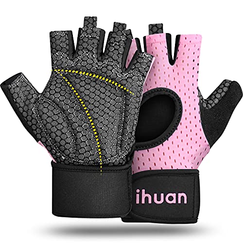 ihuan Breathable Weight Lifting Gloves: Fingerless Workout Gym Gloves with Wrist Support | Enhance Palm Protection | Extra Grip for Fitness | Lifting | Training | Rowing | Pull-ups
