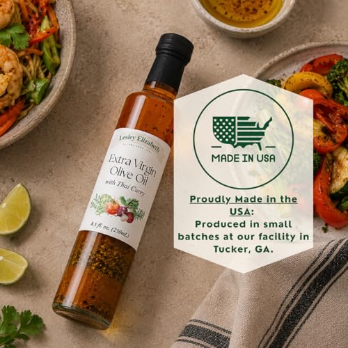 Image of Lesley Elizabeth Extra Virgin Olive Oil with Thai Curry, 8.5 fl oz - Flavorful Curry-Infused EVOO for Stir-Fries, Noodle Bowls, Seafood, Roasting, Marinades & Everyday Cooking - All-Natural, Plant-Based Ingredients